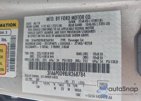 2018 Ford Fusion Titanium z USA, uszkodzony, nr VIN 3FA6P0D98JR268784